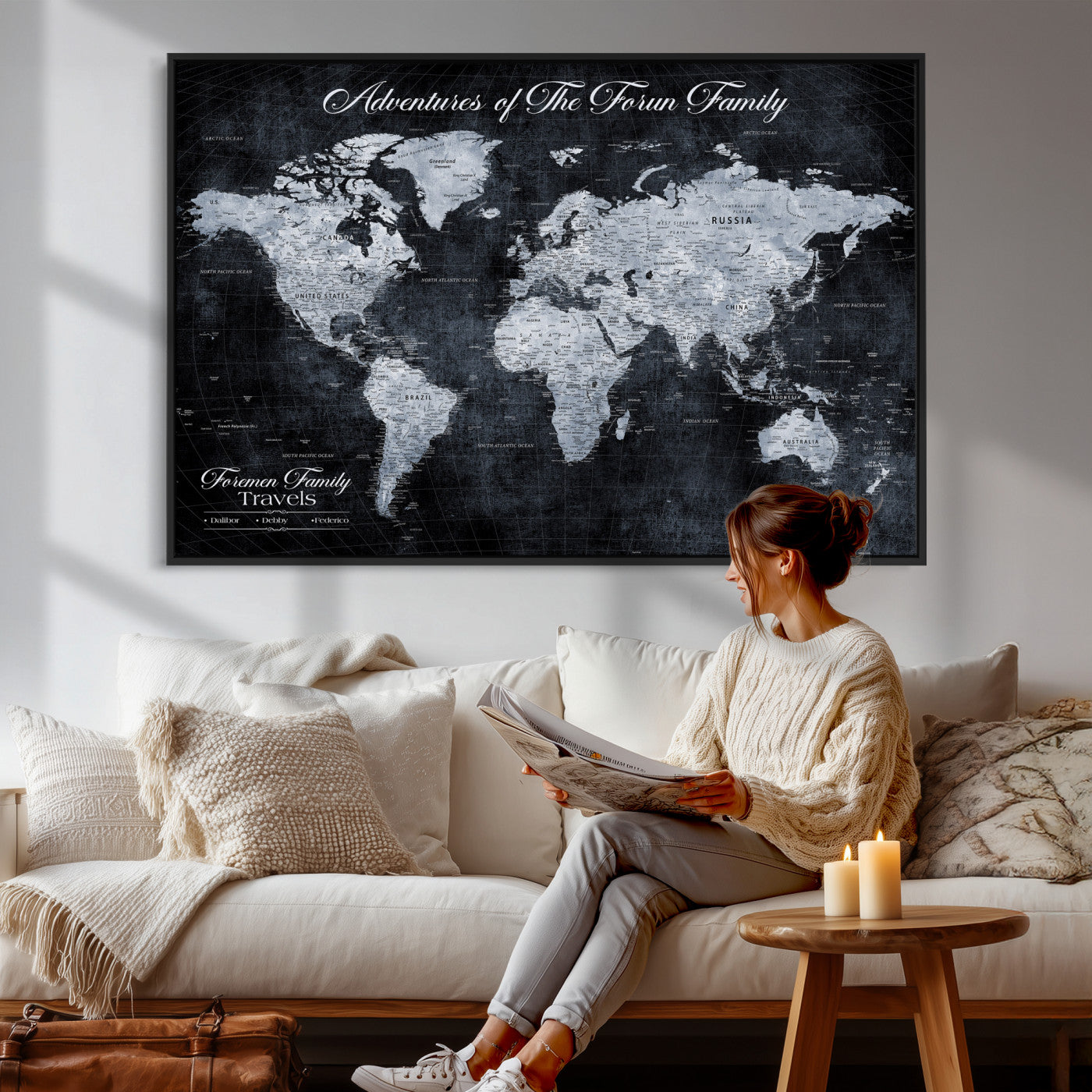 26826520-MGV-CV-36X24 - Custom Push Pin World Map Wall Art Canvas Print – Personalized Travel Tracker with Pins Framed Large for Home and Office Decor