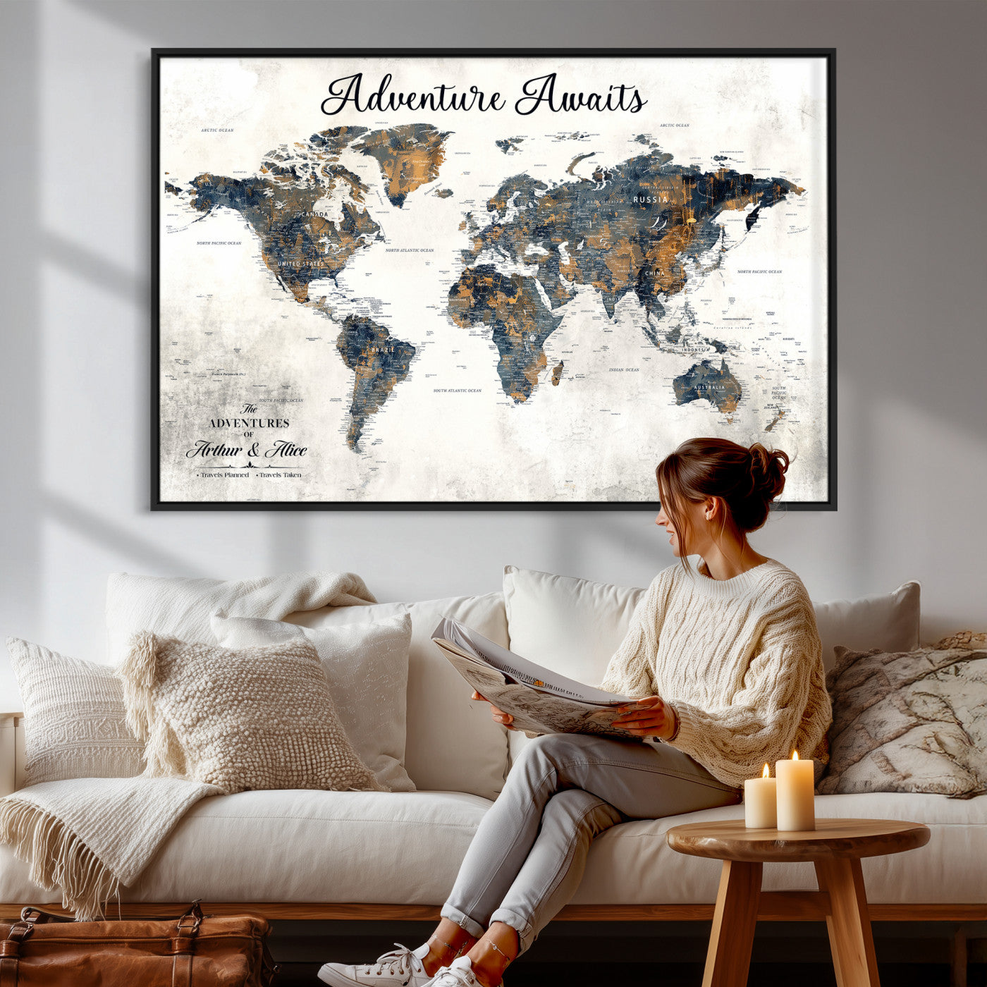 26041262-MGV-CV-36X24 - Custom Push Pin World Map Wall Art Canvas Print – Personalized Travel Tracker with Pins Framed Large Print - NEWMAP-6