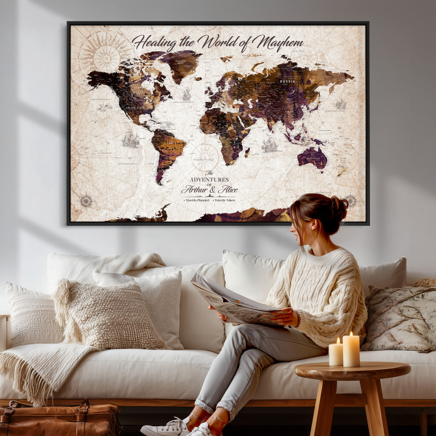 20154714-MGV-CV-36X24 - Custom Push Pin World Map Wall Art Canvas Print – Personalized Travel Tracker with Pins Framed Large for Home and Office Decor