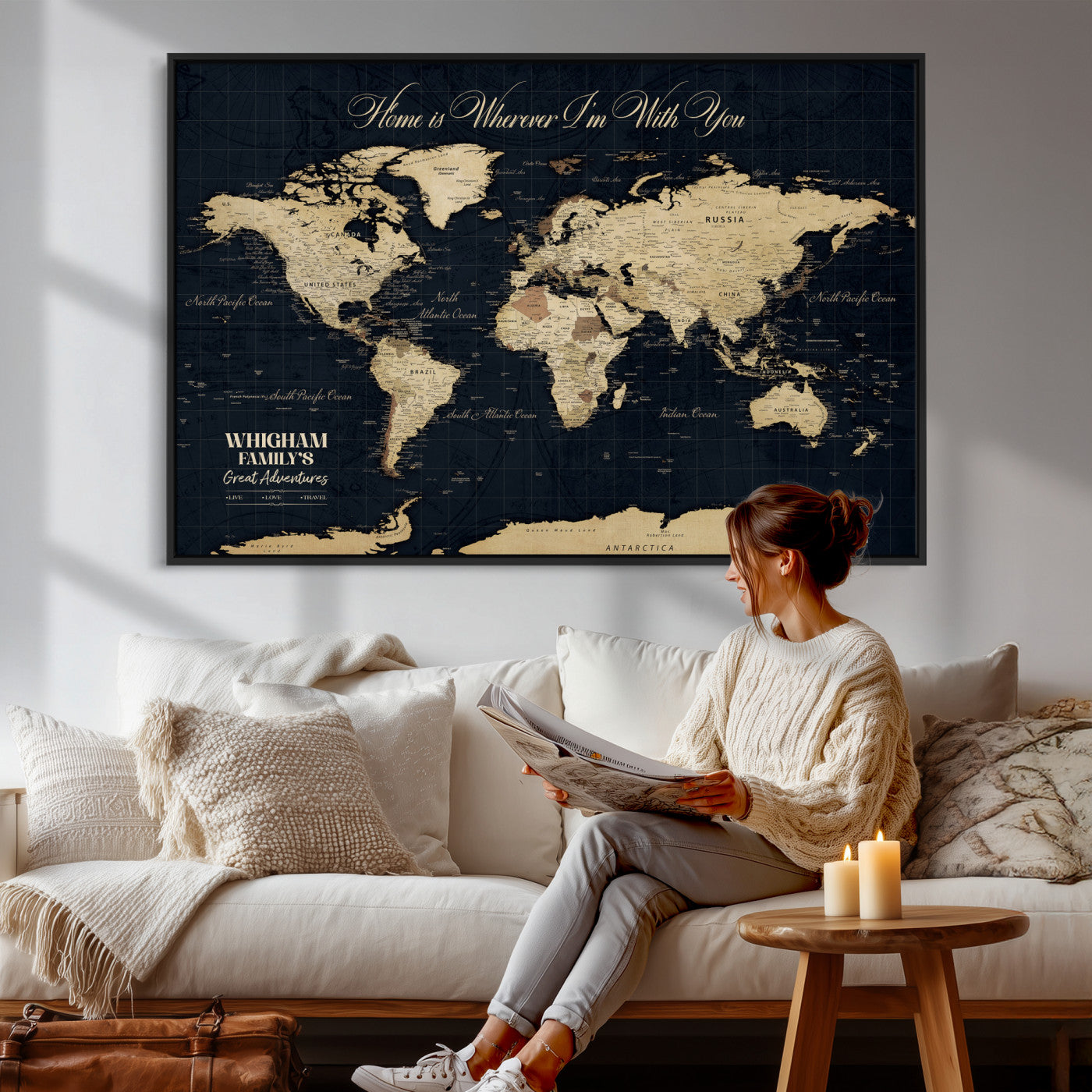 86888698-MGV-CV-36X24 - Custom Push Pin World Map Wall Art Canvas Print – Personalized Travel Tracker with Pins Framed Large for Home and Office Decor