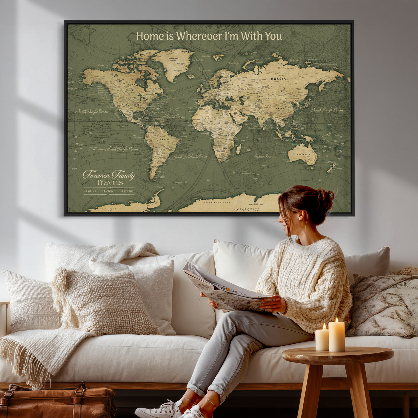 31715895-MGV-CV-36X24 - Custom Push Pin World Map Wall Art Canvas Print – Personalized Travel Tracker with Pins Framed Large for Home and Office Decor