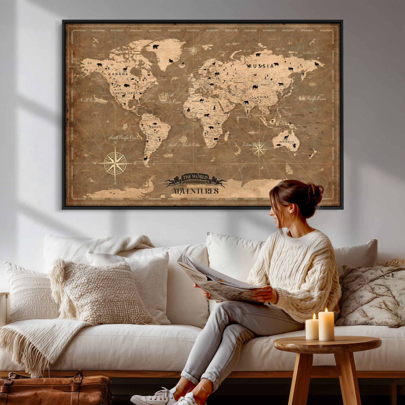 16235283-MGV-CV-36X24 - Custom Push Pin World Map Wall Art Canvas Print – Personalized Travel Tracker with Pins Framed Large for Home and Office Decor
