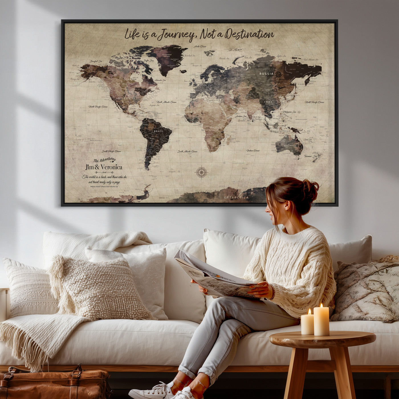 58257942-MGV-CV-36X24 - Custom Push Pin World Map Wall Art Canvas Print – Personalized Travel Tracker with Pins Framed Large for Home and Office Decor