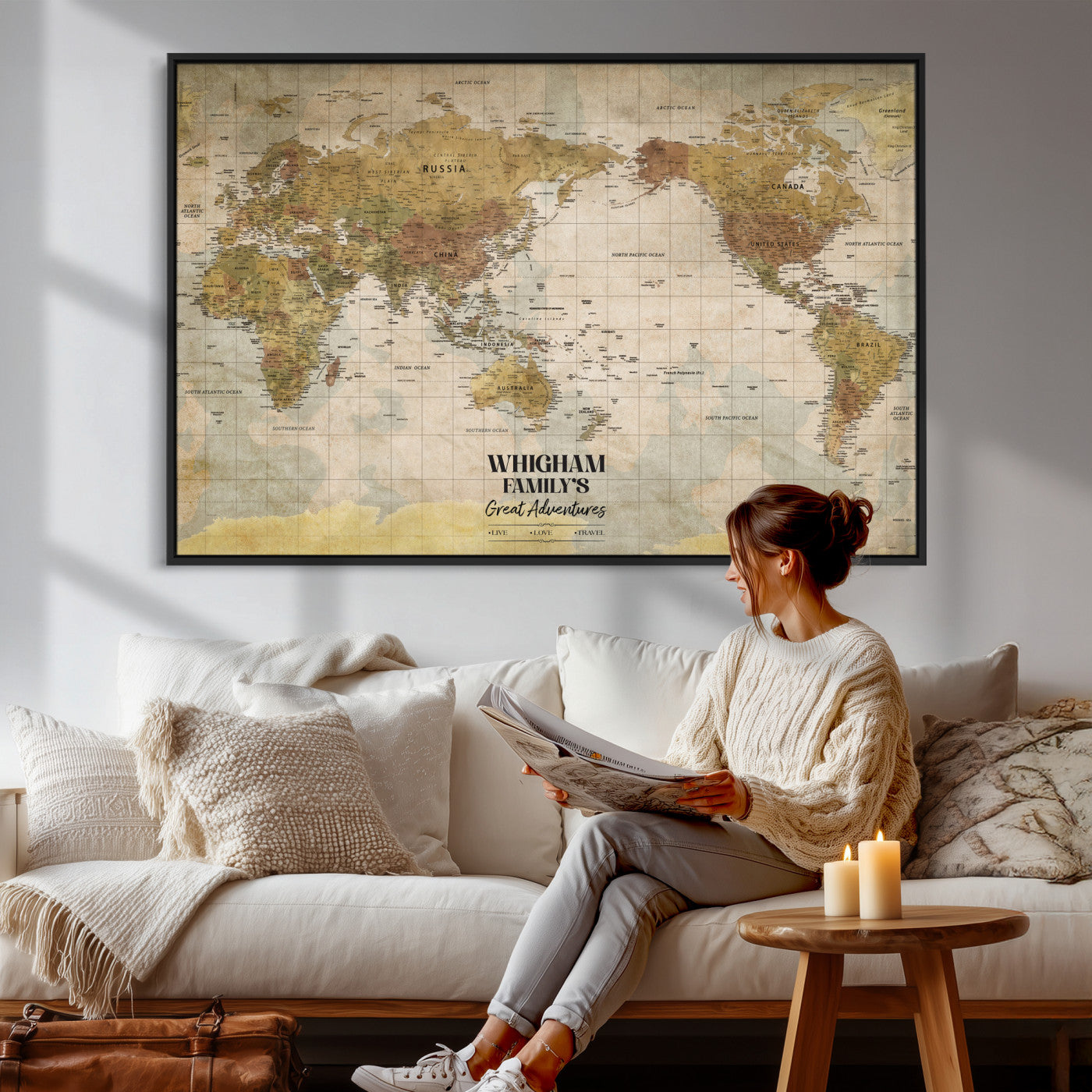 98110883-MGV-CV-36X24 - Custom Push Pin World Map Wall Art Canvas Print – Personalized Travel Tracker with Pins Framed Large for Home and Office Decor