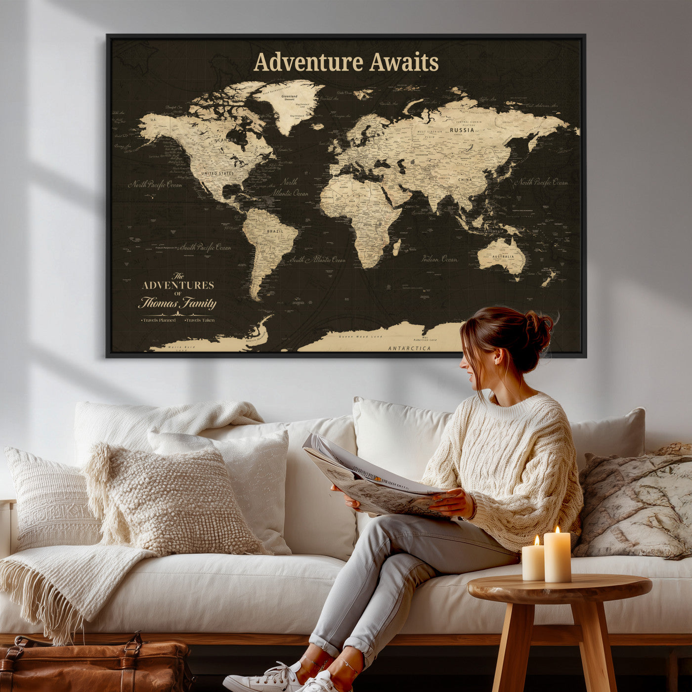 47597338-MGV-CV-36X24 - Custom Push Pin World Map Wall Art Canvas Print – Personalized Travel Tracker with Pins Framed Large for Home and Office Decor