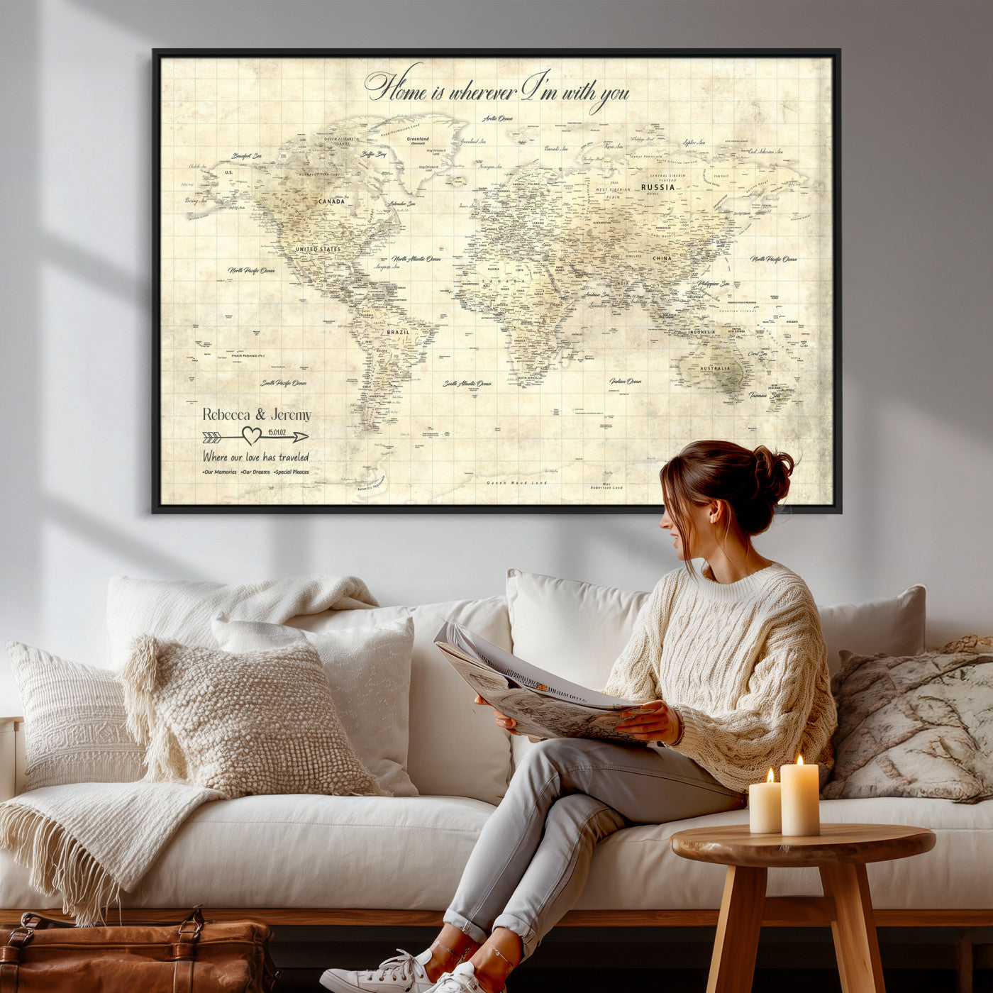 30705590-MGV-CV-36X24 - Custom Push Pin World Map Wall Art Canvas Print – Personalized Travel Tracker with Pins Framed Large for Home and Office Decor