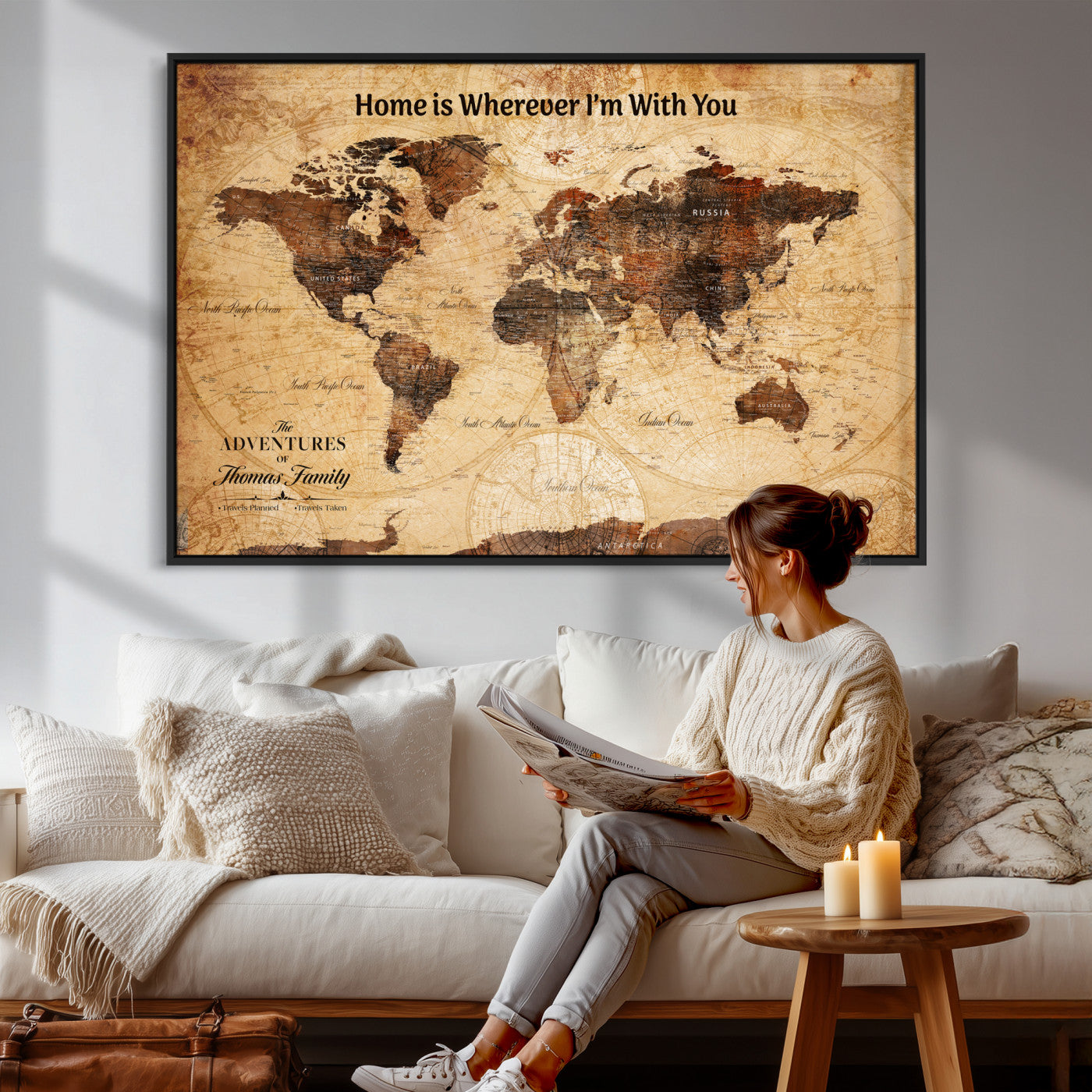 47310001-MGV-CV-36X24 - Custom Push Pin World Map Wall Art Canvas Print – Personalized Travel Tracker with Pins Framed Large for Home and Office Decor