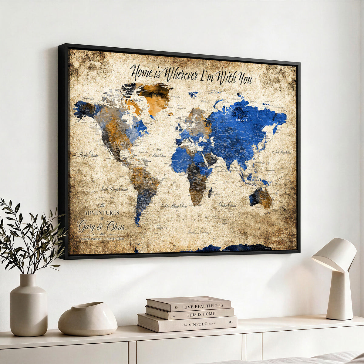 13332533-MGV-CV-36X24 - Personalized Framed Beige World Map Canvas with Push Pins, Honeymoon and Anniversary Gift, Living Room and Home Office Decor