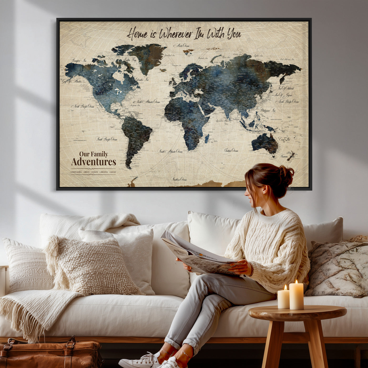 51383535-MGV-CV-36X24 - Custom Push Pin World Map Wall Art Canvas Print – Personalized Travel Tracker with Pins Framed Large for Home and Office Decor