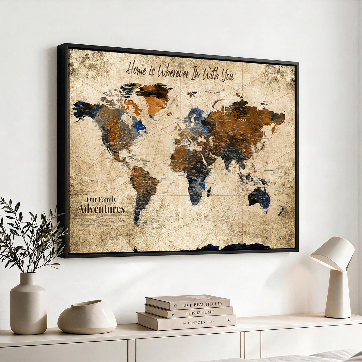 17548029-MGV-CV-36X24 - Personalized Framed Beige Modern Push Pin World Map Canvas Print, Bucket List Map, Home Office and Study Decor