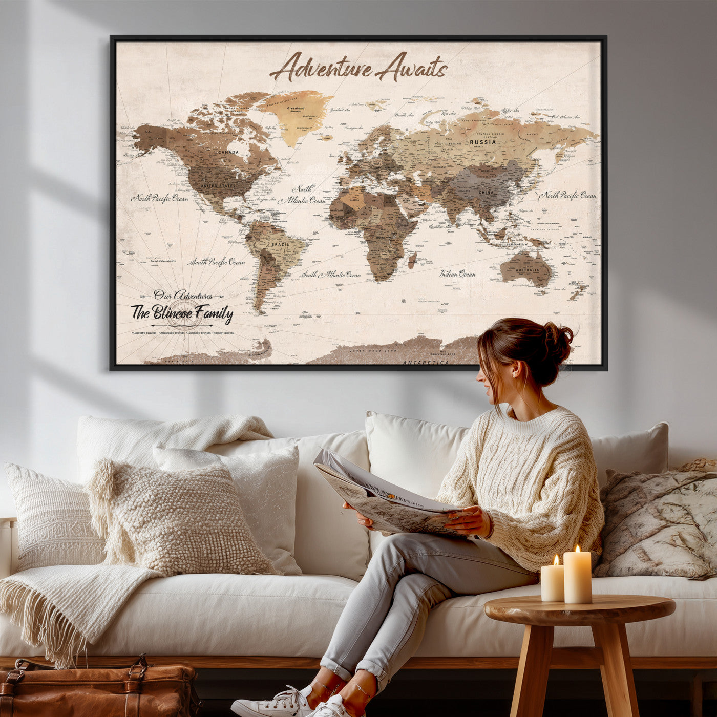 64110351-MGV-CV-36X24 - Custom Push Pin World Map Wall Art Canvas Print – Personalized Travel Tracker with Pins Framed Large for Home and Office Decor