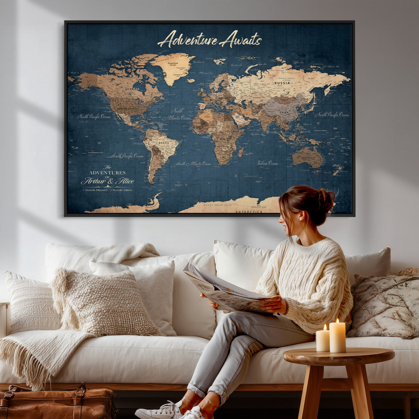64110391-MGV-CV-36X24 - Custom Push Pin World Map Wall Art Canvas Print – Personalized Travel Tracker with Pins Framed Large for Home and Office Decor