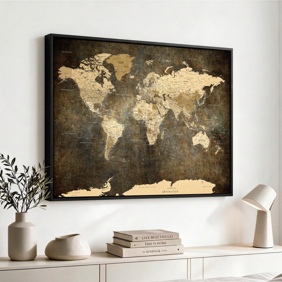89742472-MGV-CV-36X24 - Large Framed Vintage World Map Wall Art Print for Home Wall