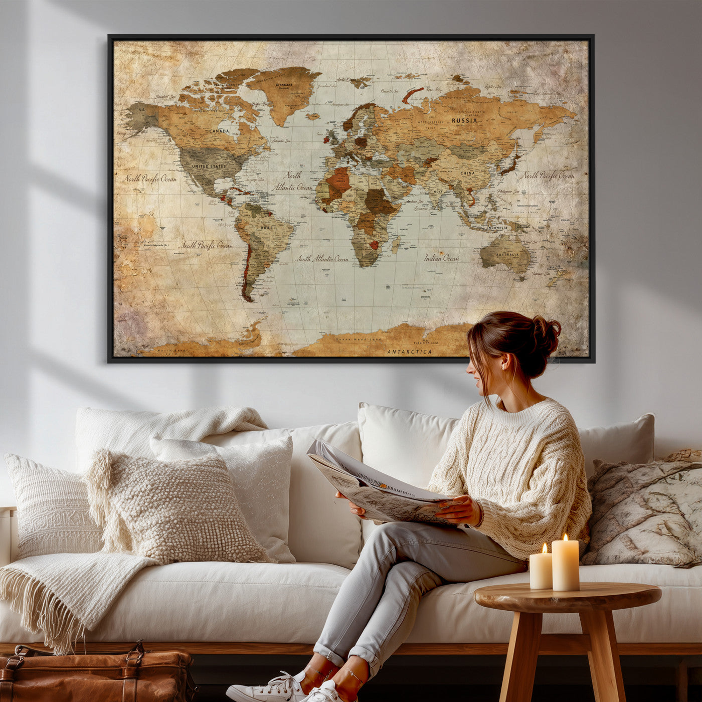74176056-MGV-CV-36X24 - World Map Wall Art Canvas Print, Modern Decorative Framed Map Artwork Prints for Living Room, Office, Bedroom Wall Decor