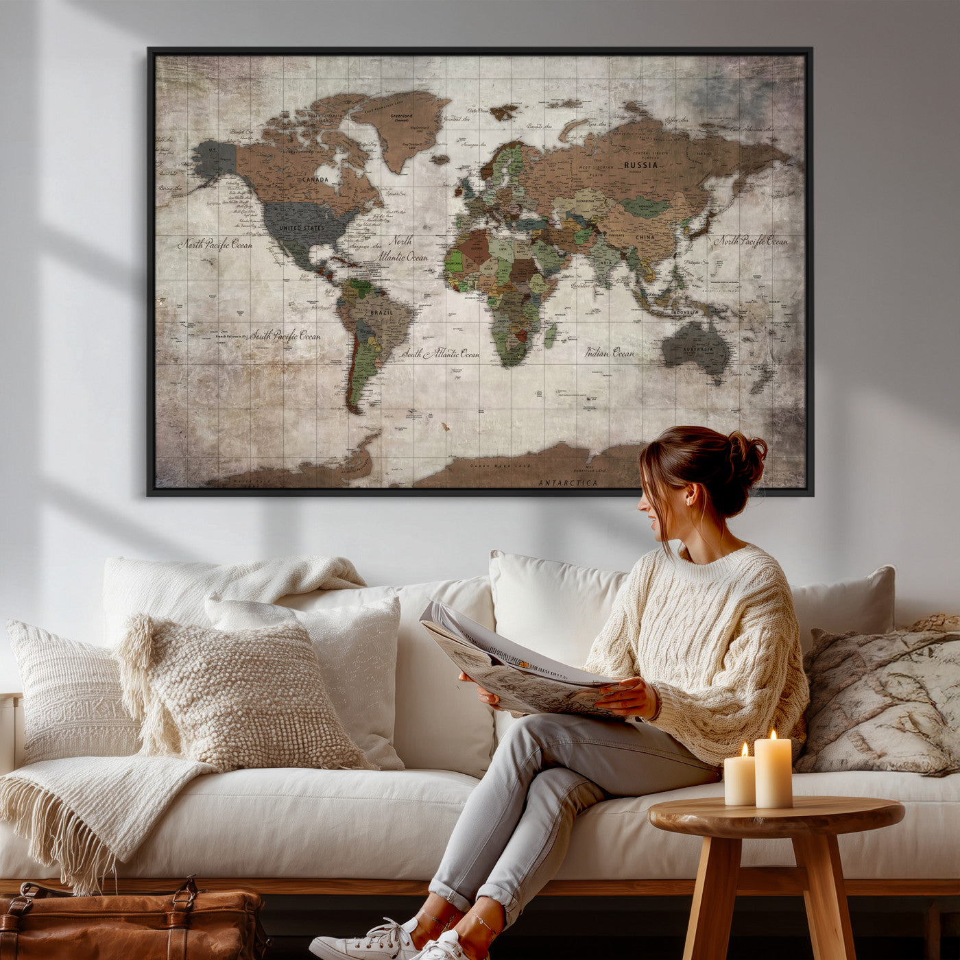65393892-MGV-CV-36X24 - World Map Wall Art Canvas Print, Modern Decorative Framed Map Artwork Prints for Living Room, Office, Bedroom Wall Decor