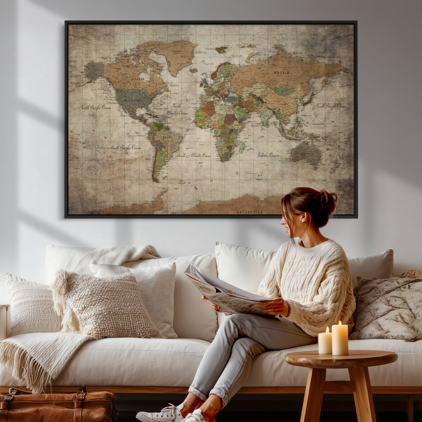 20356264-MGV-CV-36X24 - World Map Wall Art Canvas Print, Modern Decorative Framed Map Artwork Prints for Living Room, Office, Bedroom Wall Decor