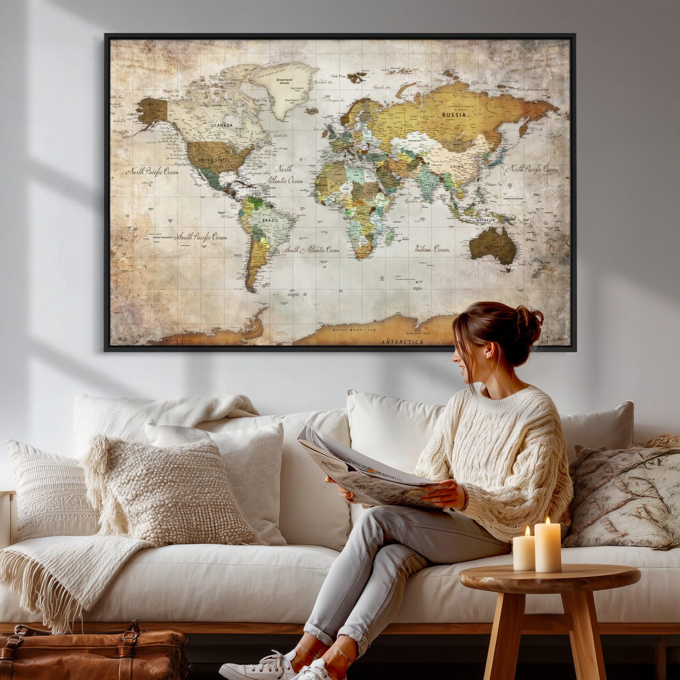 86108417-MGV-CV-36X24 - World Map Wall Art Canvas Print, Modern Decorative Framed Map Artwork Prints for Living Room, Office, Bedroom Wall Decor