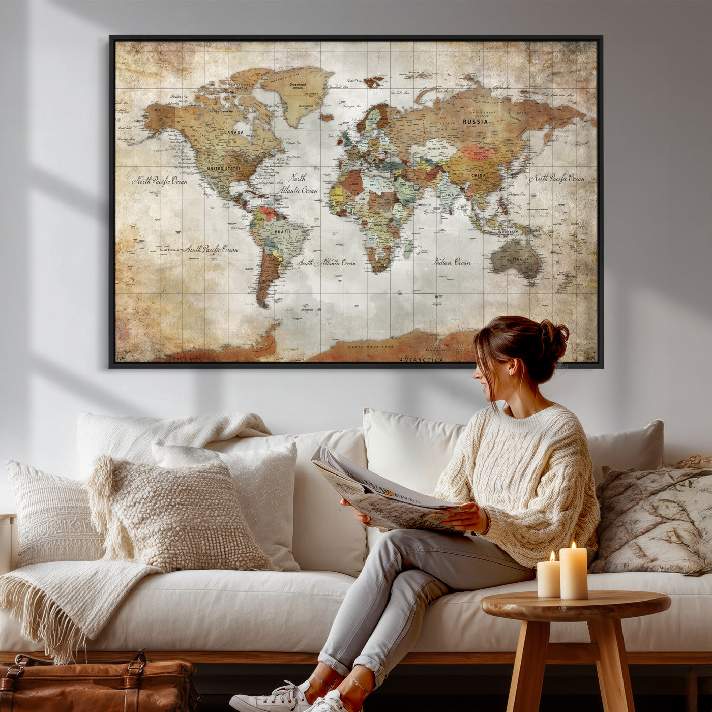 19855445-MGV-CV-36X24 - World Map Wall Art Canvas Print, Modern Decorative Framed Map Artwork Prints for Living Room, Office, Bedroom Wall Decor