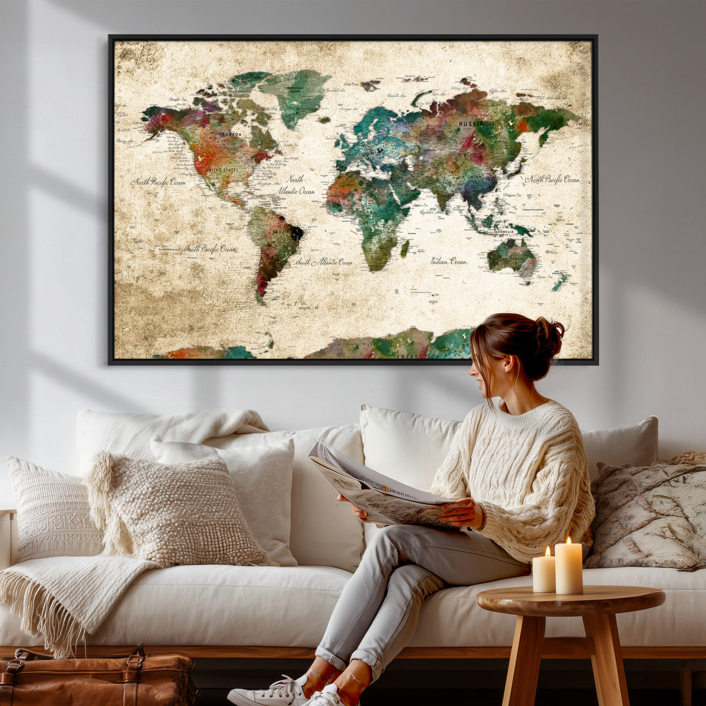87544591-MGV-CV-36X24 - World Map Wall Art Canvas Print, Modern Decorative Framed Map Artwork Prints for Living Room, Office, Bedroom Wall Decor