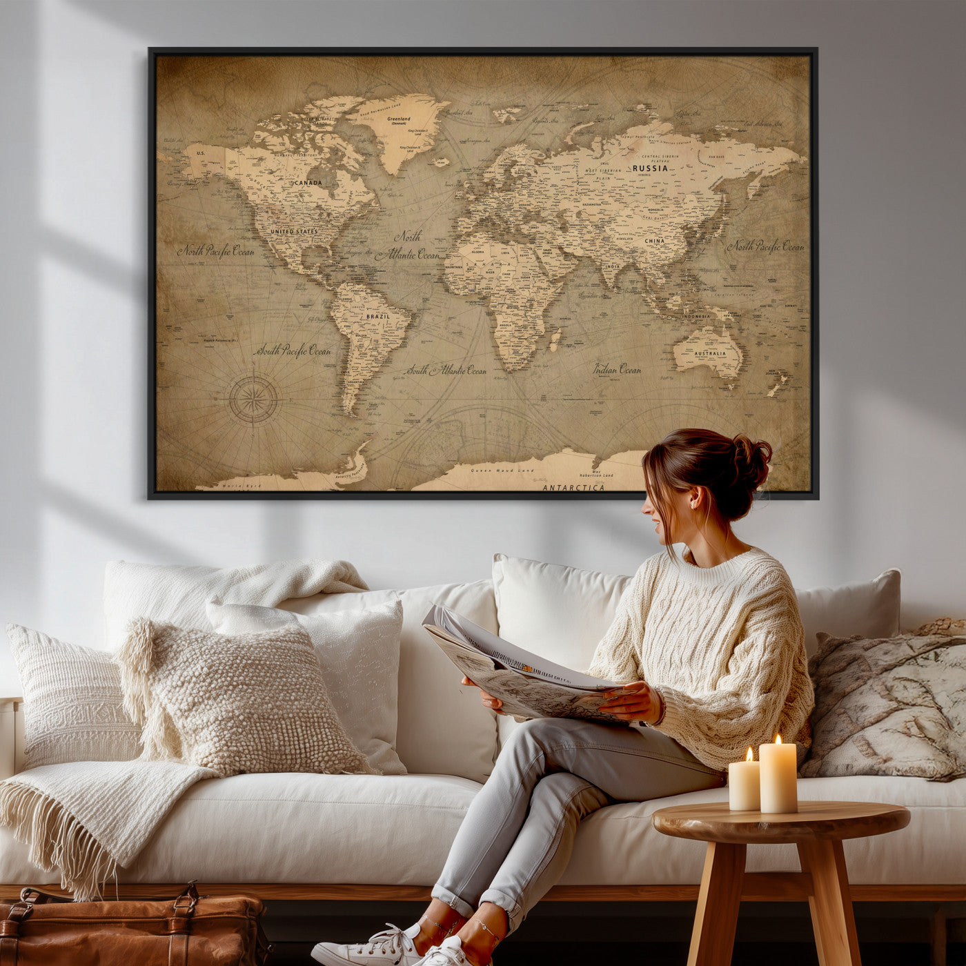49946617-MGV-CV-36X24 - World Map Wall Art Canvas Print, Modern Decorative Framed Map Artwork Prints for Living Room, Office, Bedroom Wall Decor