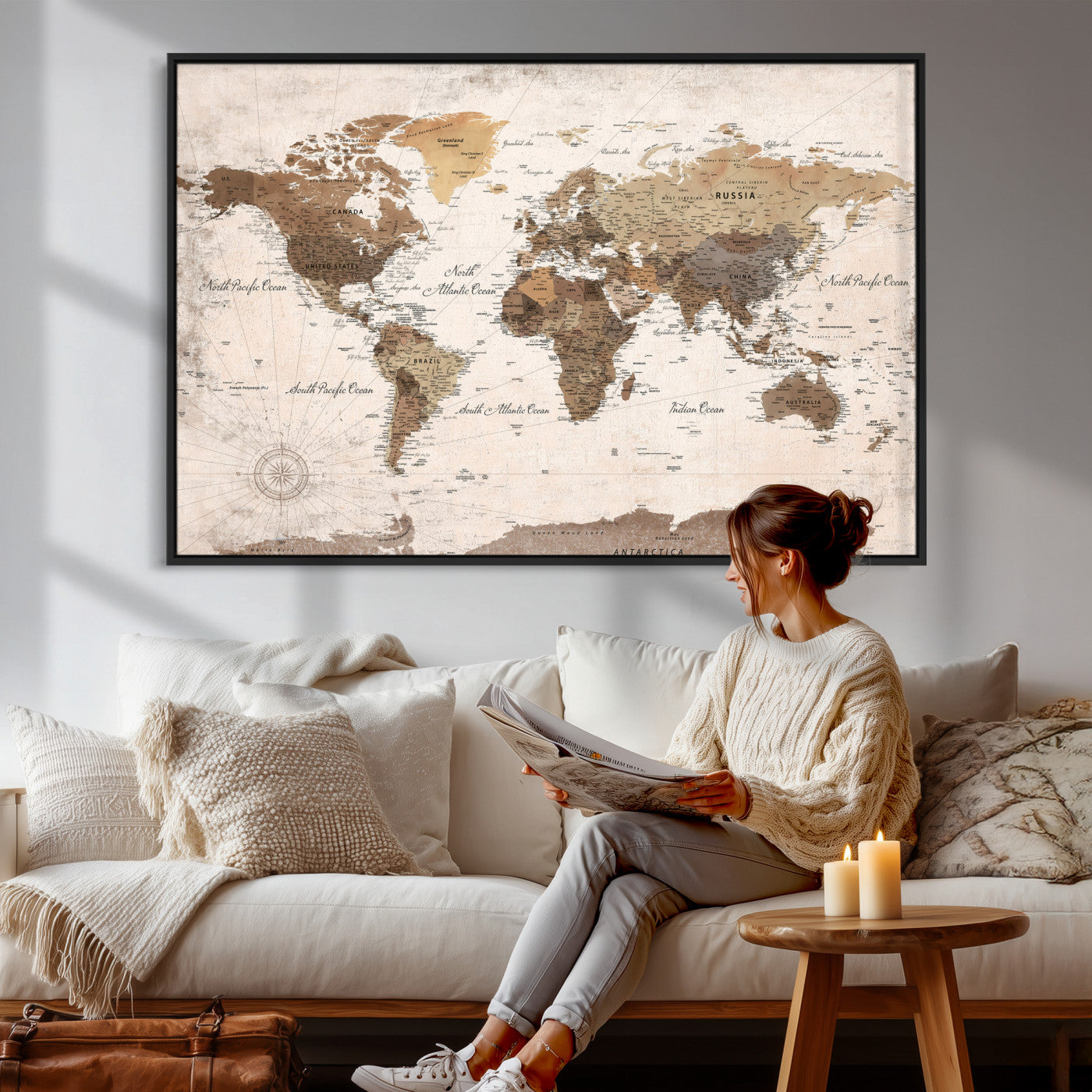 38923639-MGV-CV-36X24 - World Map Wall Art Canvas Print, Modern Decorative Framed Map Artwork Prints for Living Room, Office, Bedroom Wall Decor