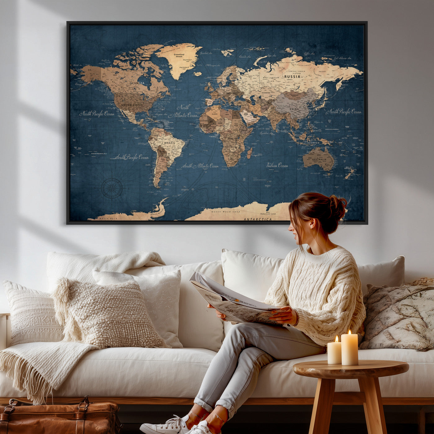 69886352-MGV-CV-36X24 - World Map Wall Art Canvas Print, Modern Decorative Framed Map Artwork Prints for Living Room, Office, Bedroom Wall Decor