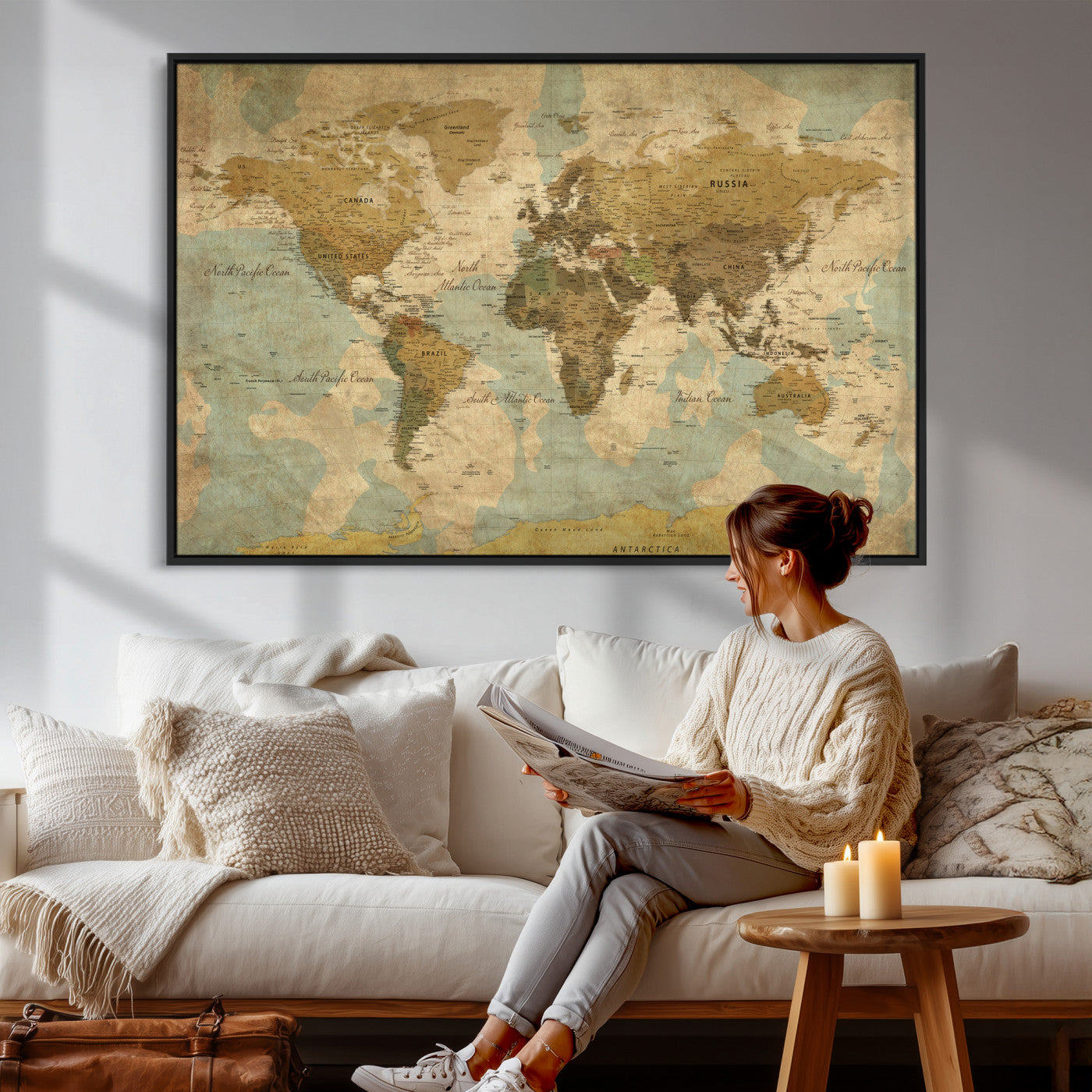 89356927-MGV-CV-36X24 - World Map Wall Art Canvas Print, Modern Decorative Framed Map Artwork Prints for Living Room, Office, Bedroom Wall Decor