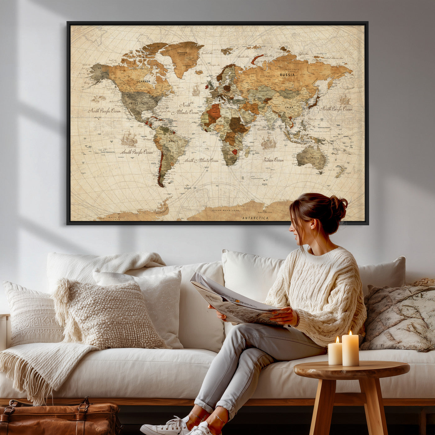 30704397-MGV-CV-36X24 - World Map Wall Art Canvas Print, Modern Decorative Framed Map Artwork Prints for Living Room, Office, Bedroom Wall Decor