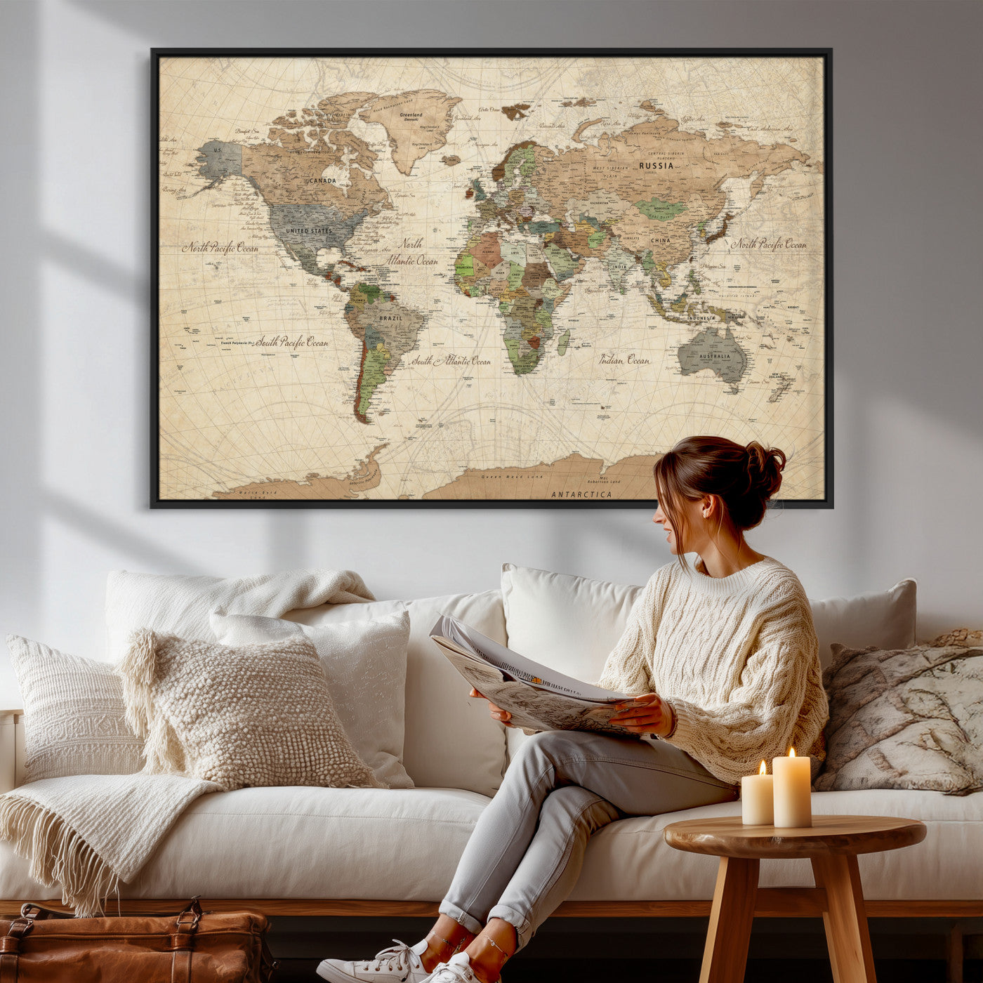 36735609-MGV-CV-36X24 - World Map Wall Art Canvas Print, Modern Decorative Framed Map Artwork Prints for Living Room, Office, Bedroom Wall Decor