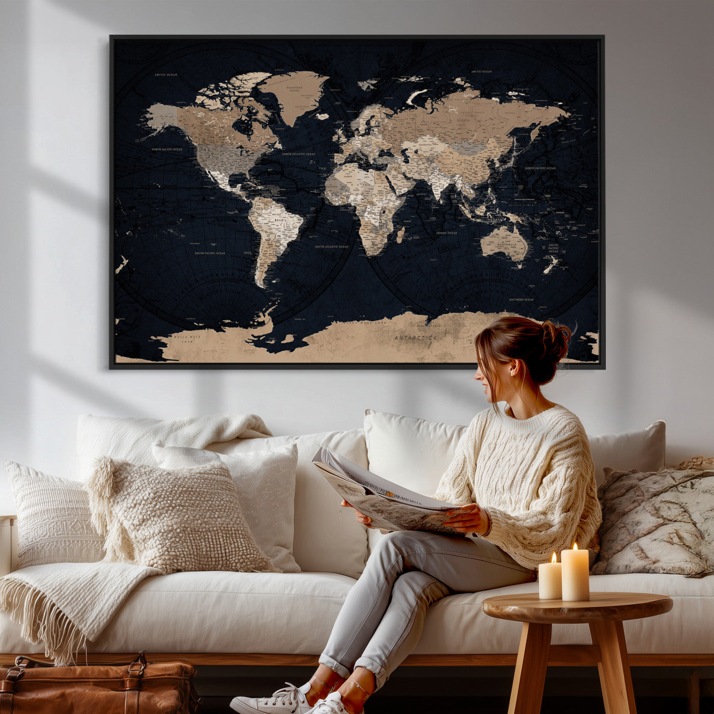 25812727-MGV-CV-36X24 - World Map Wall Art Canvas Print, Modern Decorative Framed Map Artwork Prints for Living Room, Office, Bedroom Wall Decor