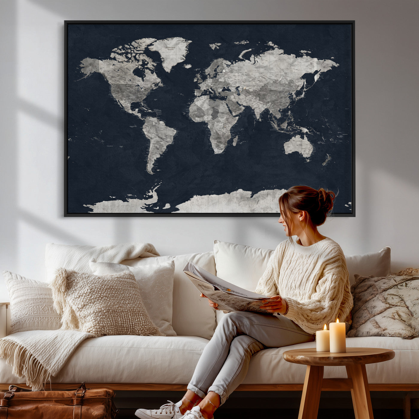 53886659-MGV-CV-36X24 - World Map Wall Art Canvas Print, Modern Decorative Framed Map Artwork Prints for Living Room, Office, Bedroom Wall Decor