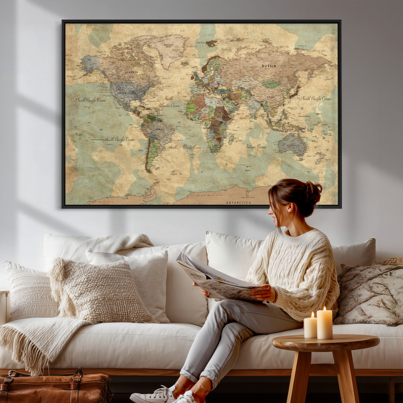 72396478-MGV-CV-36X24 - World Map Wall Art Canvas Print, Modern Decorative Framed Map Artwork Prints for Living Room, Office, Bedroom Wall Decor