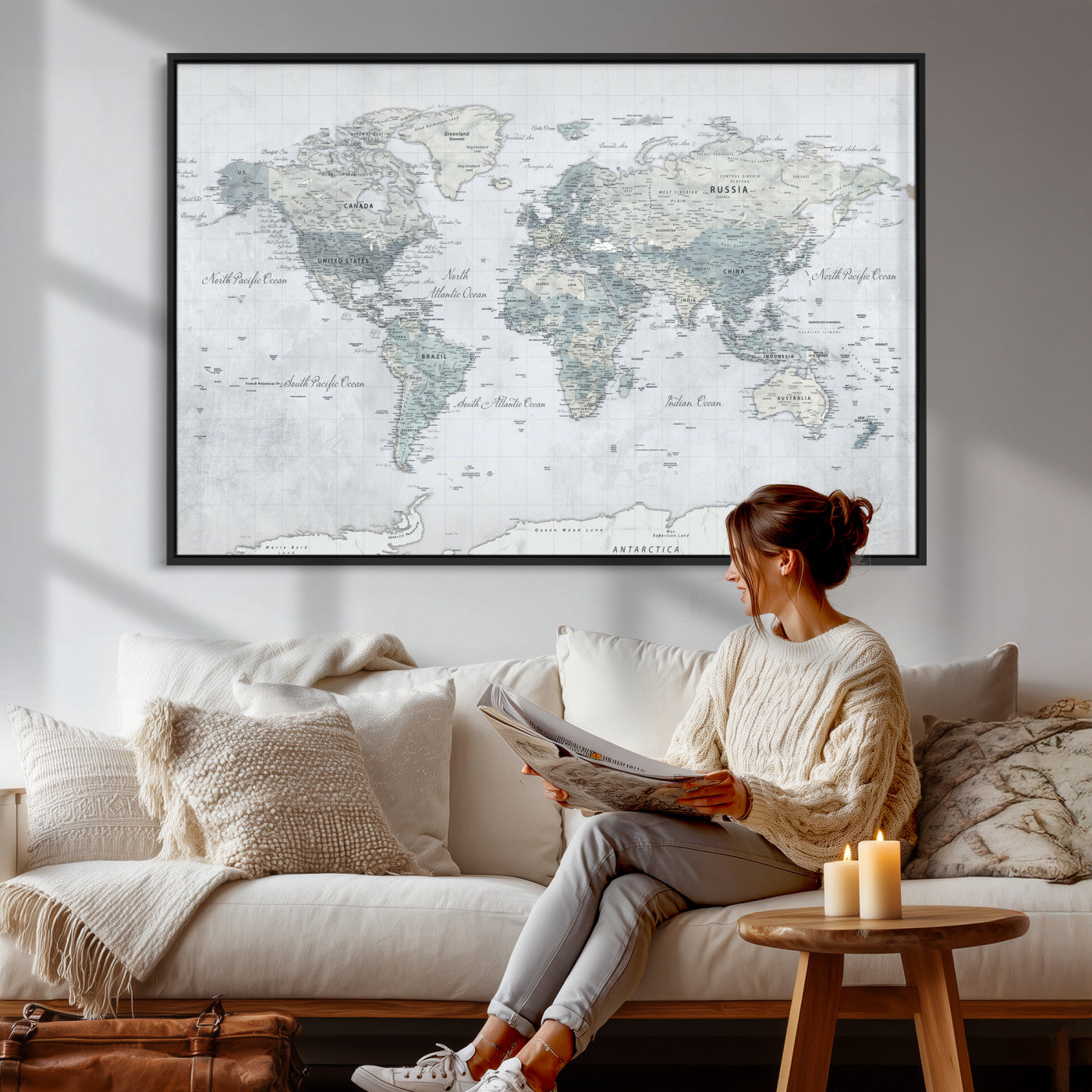 71091917-MGV-CV-36X24 - World Map Wall Art Canvas Print, Modern Decorative Framed Map Artwork Prints for Living Room, Office, Bedroom Wall Decor