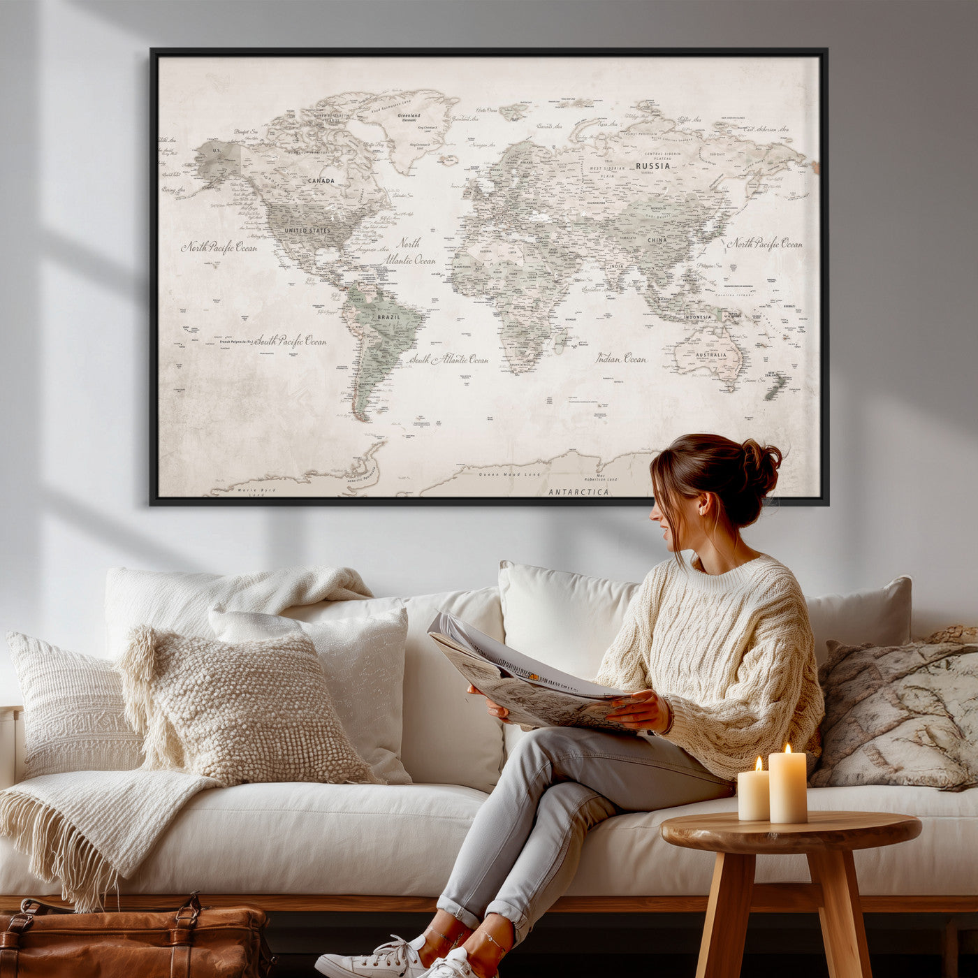 90355419-MGV-CV-36X24 - World Map Wall Art Canvas Print, Modern Decorative Framed Map Artwork Prints for Living Room, Office, Bedroom Wall Decor