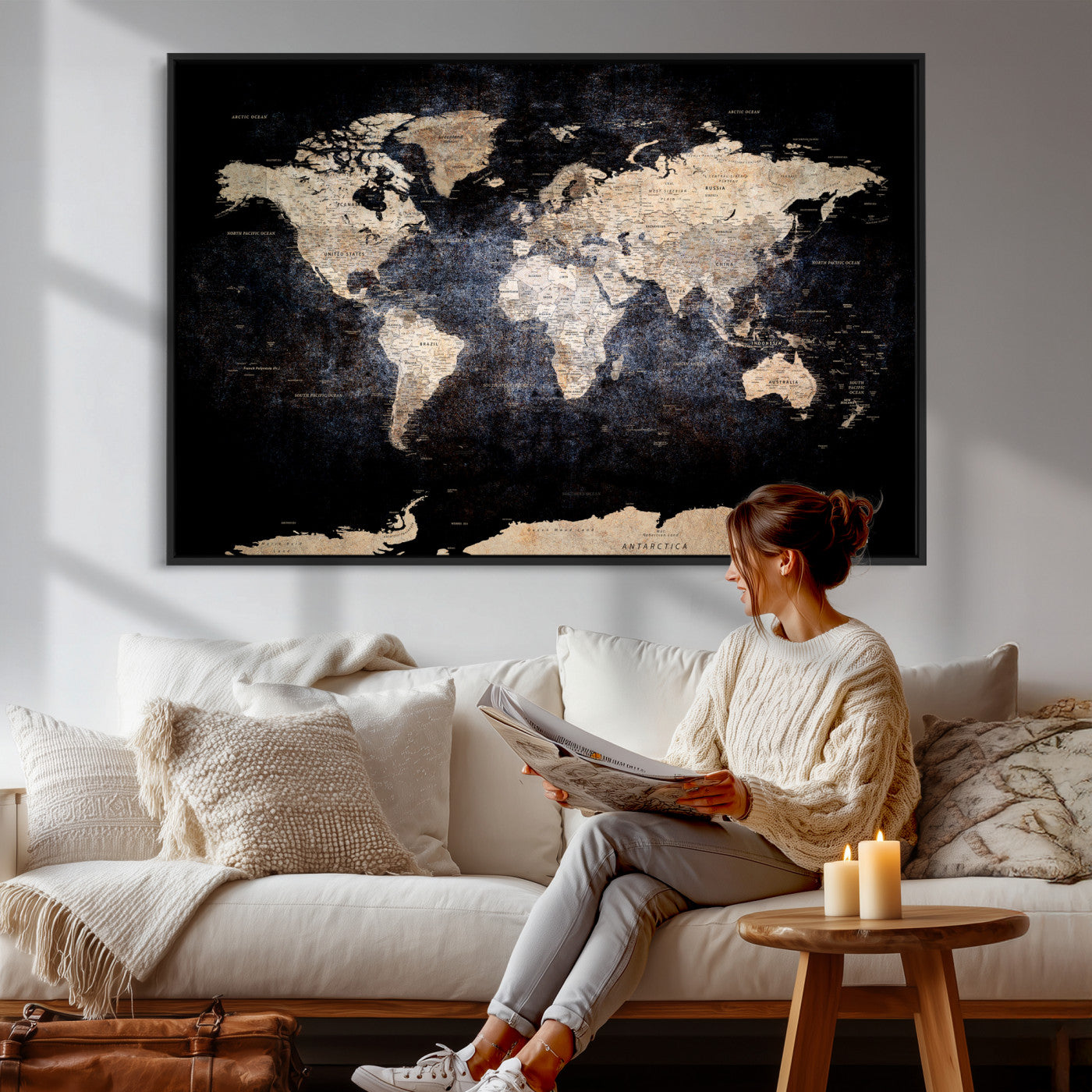 56713386-MGV-CV-36X24 - World Map Wall Art Canvas Print, Modern Decorative Framed Map Artwork Prints for Living Room, Office, Bedroom Wall Decor