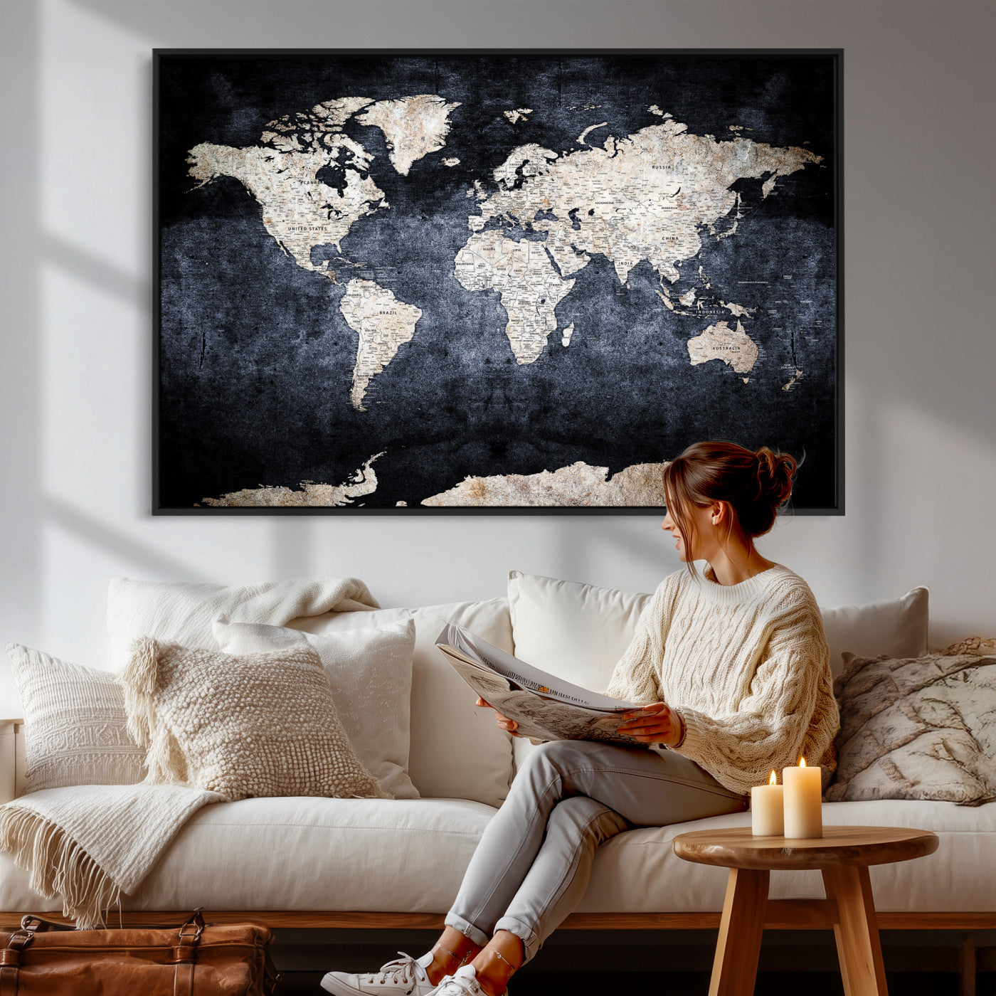 41193404-MGV-CV-36X24 - World Map Wall Art Canvas Print, Modern Decorative Framed Map Artwork Prints for Living Room, Office, Bedroom Wall Decor