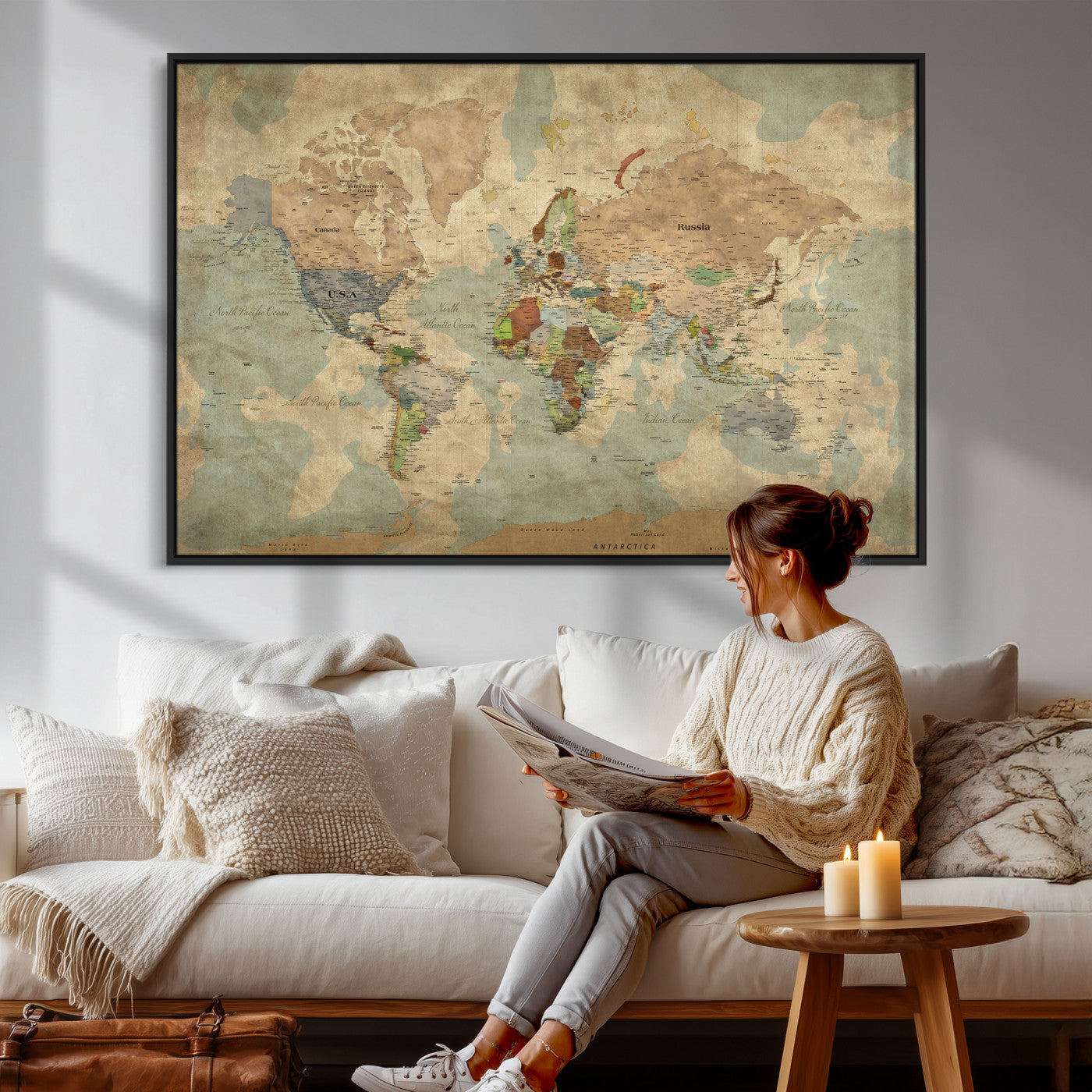 31492148-MGV-CV-36X24 - World Map Wall Art Canvas Print, Modern Decorative Framed Map Artwork Prints for Living Room, Office, Bedroom Wall Decor
