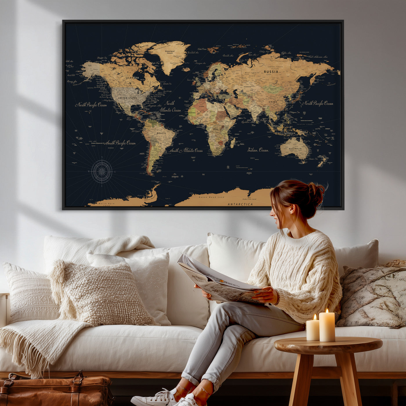 87280374-MGV-CV-36X24 - World Map Wall Art Canvas Print, Modern Decorative Framed Map Artwork Prints for Living Room, Office, Bedroom Wall Decor