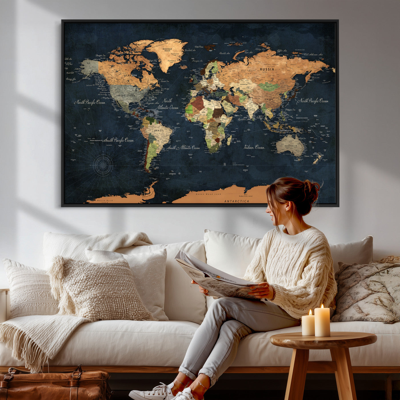 53717402-MGV-CV-36X24 - World Map Wall Art Canvas Print, Modern Decorative Framed Map Artwork Prints for Living Room, Office, Bedroom Wall Decor