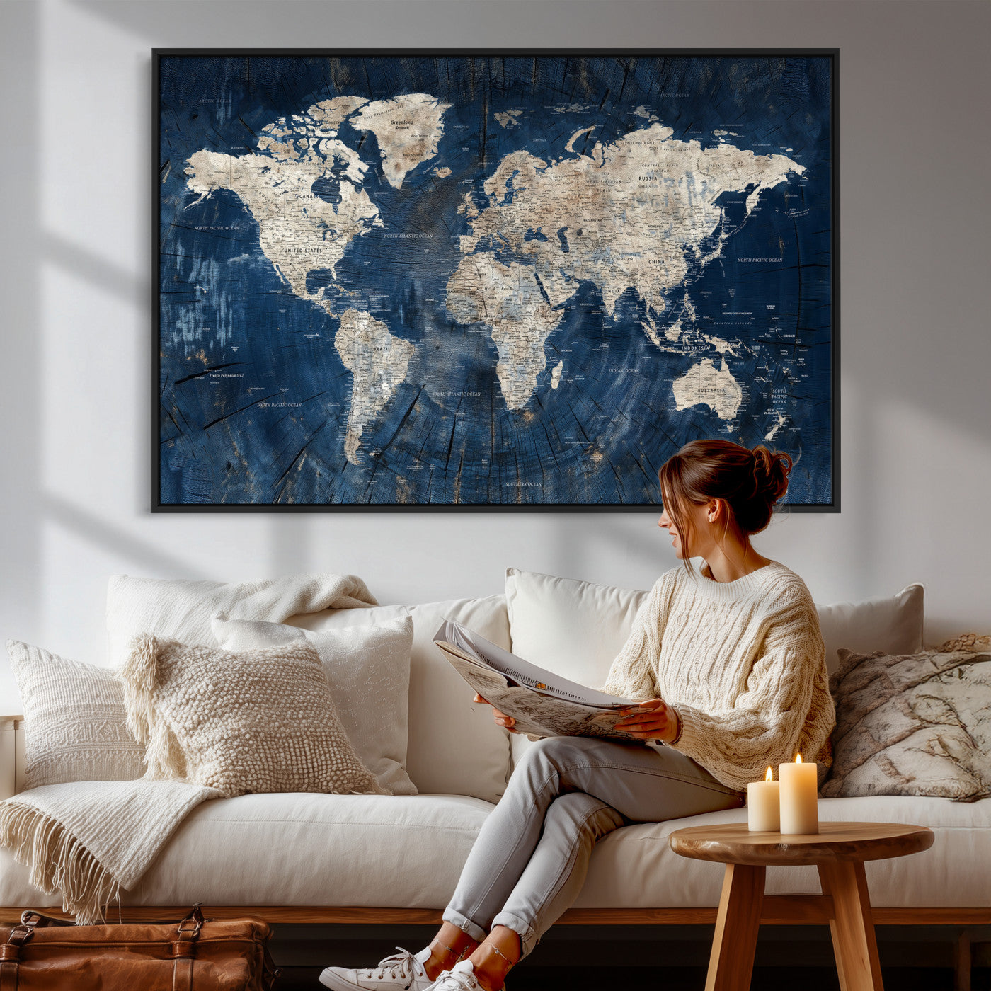56126010-MGV-CV-36X24 - World Map Wall Art Canvas Print, Modern Decorative Framed Map Artwork Prints for Living Room, Office, Bedroom Wall Decor