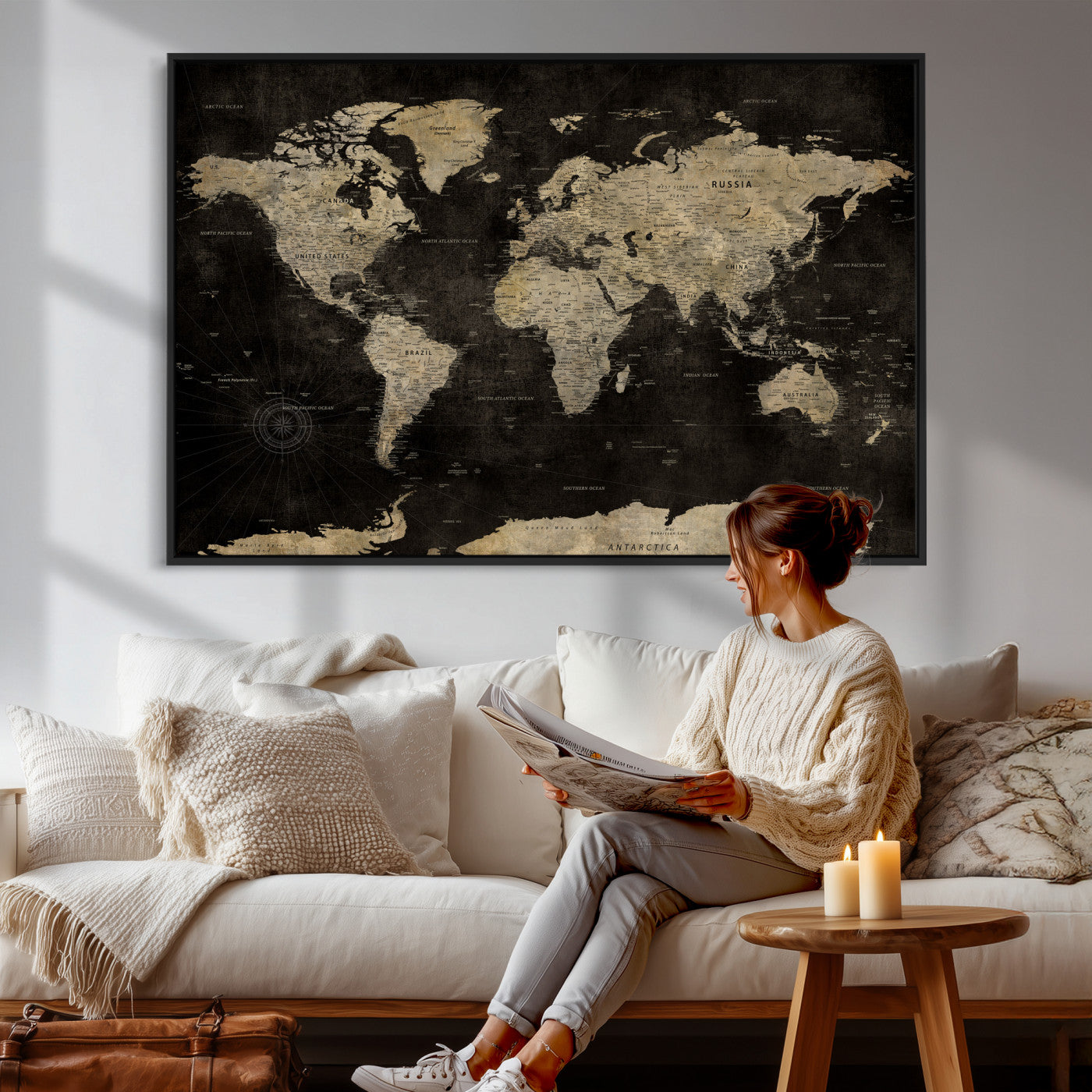60653880-MGV-CV-36X24 - World Map Wall Art Canvas Print, Modern Decorative Framed Map Artwork Prints for Living Room, Office, Bedroom Wall Decor