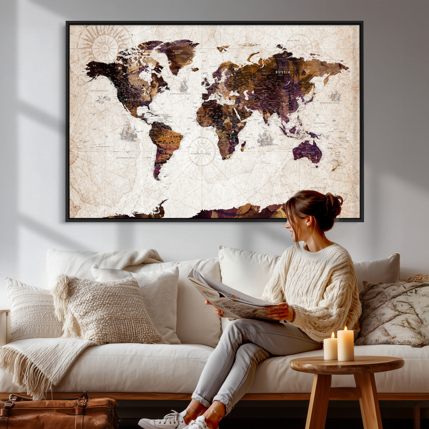 53400857-MGV-CV-36X24 - World Map Wall Art Canvas Print, Modern Decorative Framed Map Artwork Prints for Living Room, Office, Bedroom Wall Decor