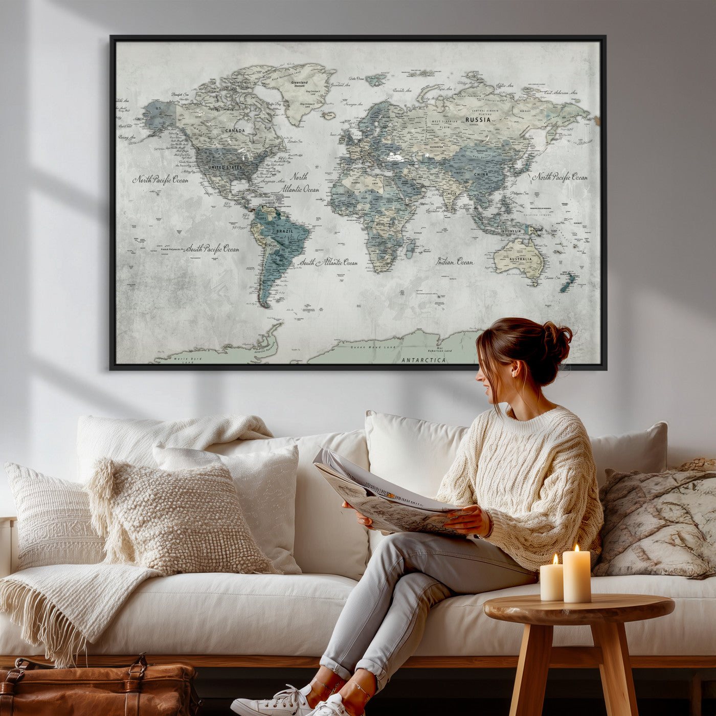 91132939-MGV-CV-36X24 - World Map Wall Art Canvas Print, Modern Decorative Framed Map Artwork Prints for Living Room, Office, Bedroom Wall Decor