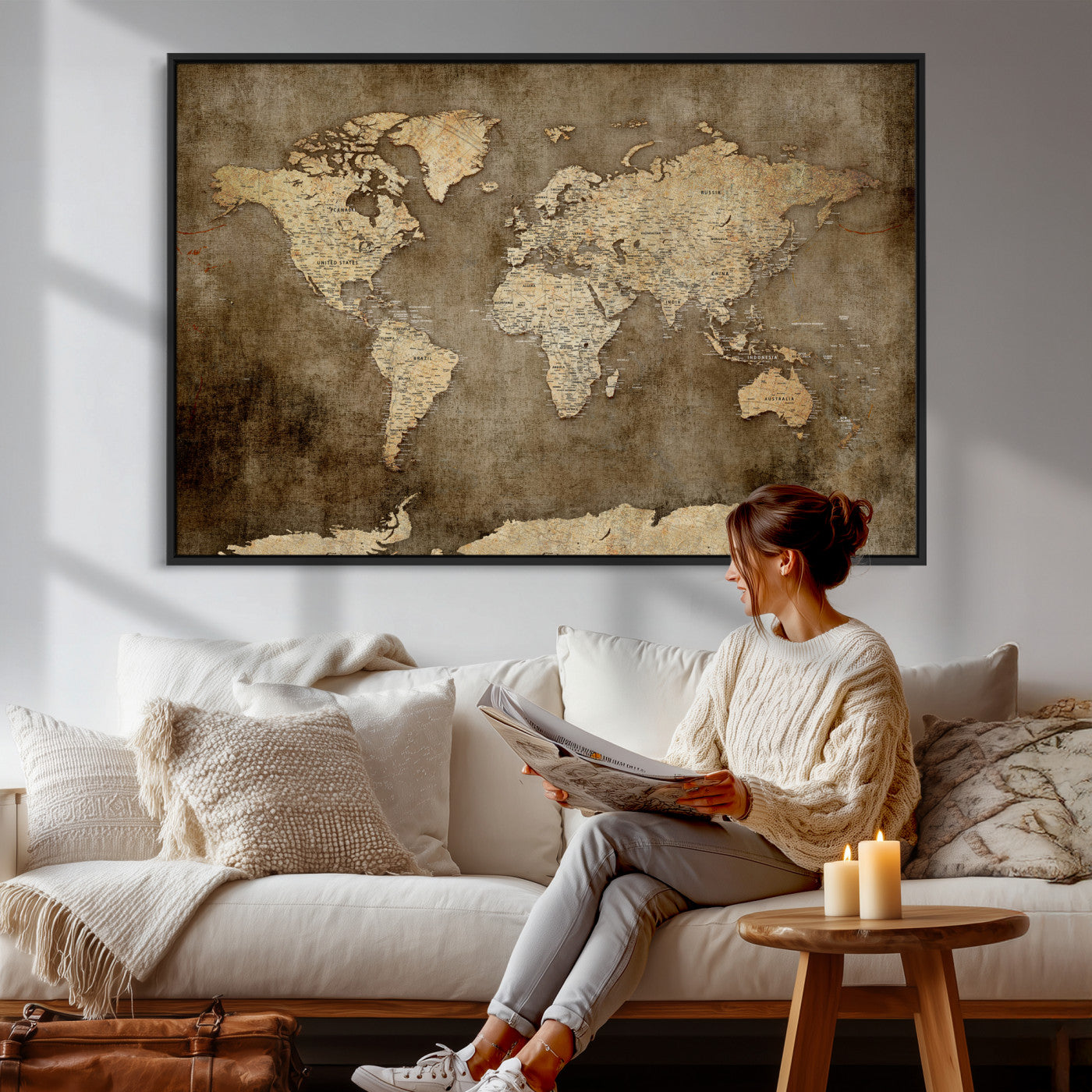 35847542-MGV-CV-36X24 - World Map Wall Art Canvas Print, Modern Decorative Framed Map Artwork Prints for Living Room, Office, Bedroom Wall Decor