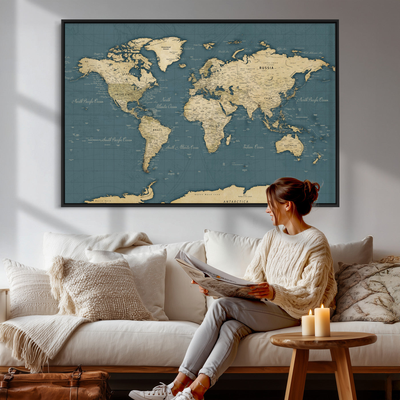 99599383-MGV-CV-36X24 - World Map Wall Art Canvas Print, Modern Decorative Framed Map Artwork Prints for Living Room, Office, Bedroom Wall Decor