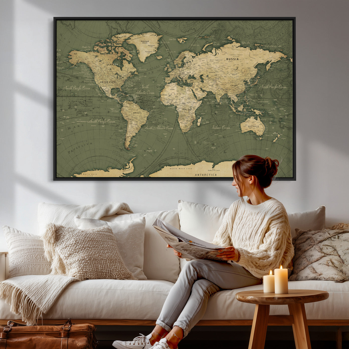75846040-MGV-CV-36X24 - World Map Wall Art Canvas Print, Modern Decorative Framed Map Artwork Prints for Living Room, Office, Bedroom Wall Decor