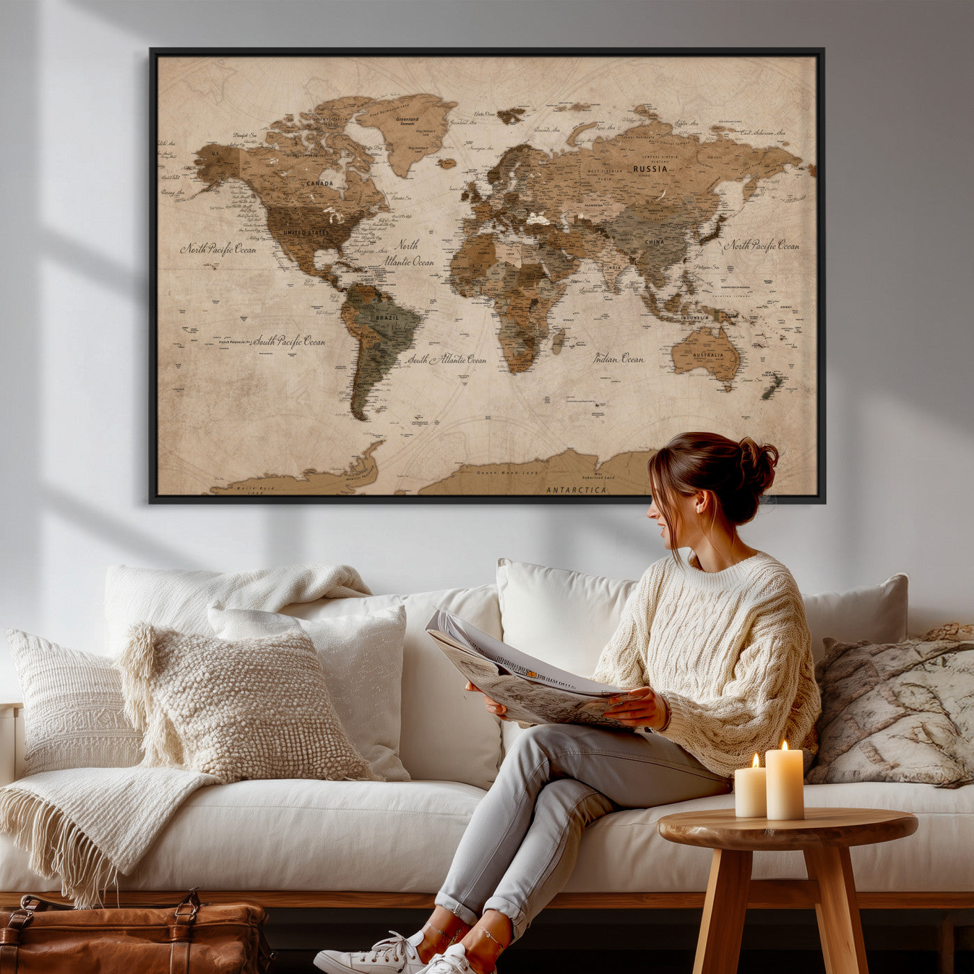40064188-MGV-CV-36X24 - World Map Wall Art Canvas Print, Modern Decorative Framed Map Artwork Prints for Living Room, Office, Bedroom Wall Decor