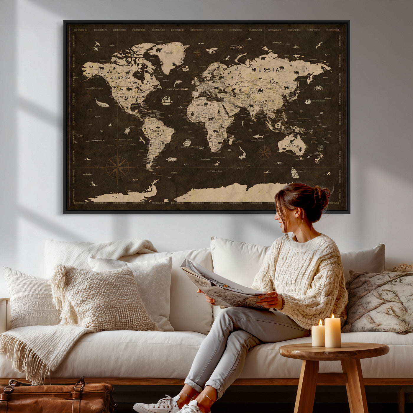 44276398-MGV-CV-36X24 - World Map Wall Art Canvas Print, Modern Decorative Framed Map Artwork Prints for Living Room, Office, Bedroom Wall Decor