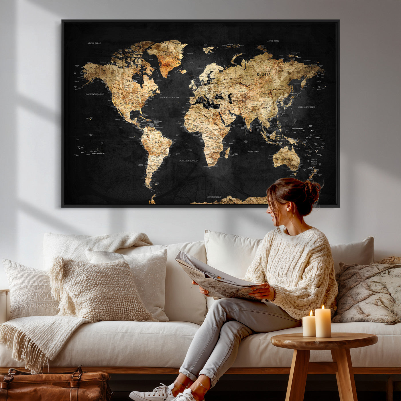 23568589-MGV-CV-36X24 - World Map Wall Art Canvas Print, Modern Decorative Framed Map Artwork Prints for Living Room, Office, Bedroom Wall Decor