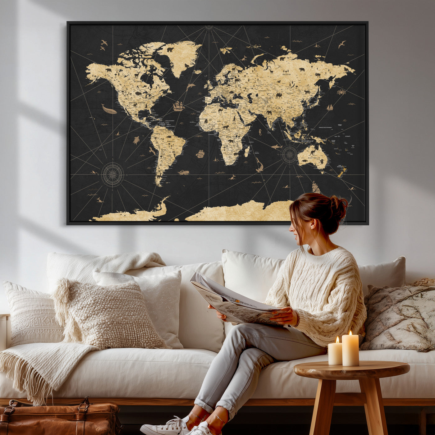 80270976-MGV-CV-36X24 - World Map Wall Art Canvas Print, Modern Decorative Framed Map Artwork Prints for Living Room, Office, Bedroom Wall Decor